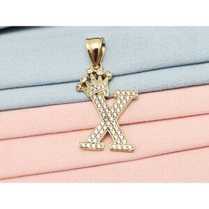 Unique 10K Karat Solid Yellow Gold Designer Initial " X " Crown CZ Charm Pendant